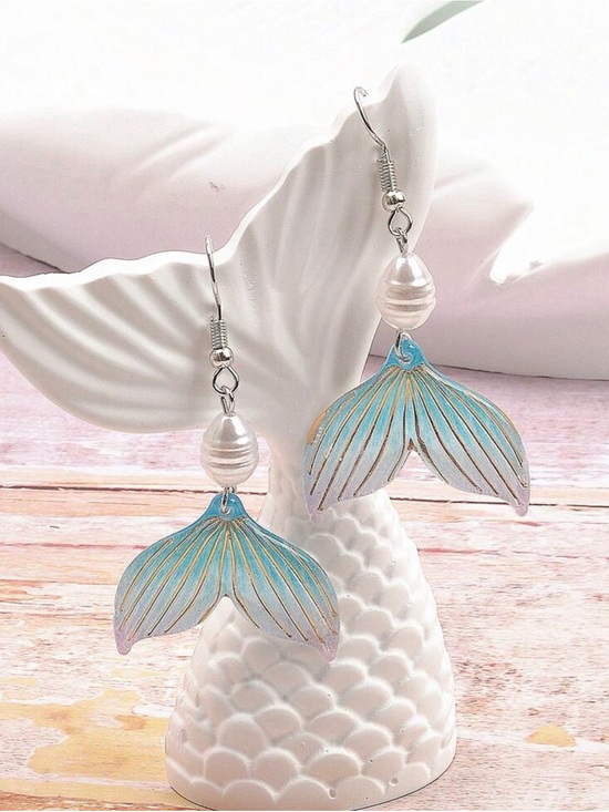 unbranded Jewelry - Blue Mermaid Tail Drop Earrings with Pearl Accent